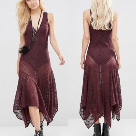 Free People Dresses & Skirts - Free People Lila Maxi Dress XS Burgundy Boho Knit Sheer Festival Asymmetric Hem